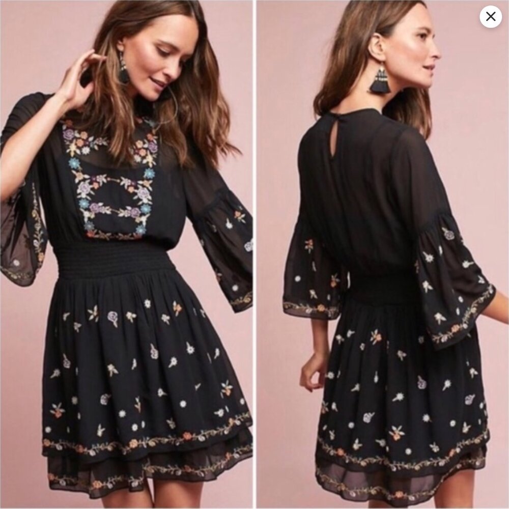 Anthropologie Maeve Black Embroidered Floral Anfisa Tunic Dress Women's Size 4